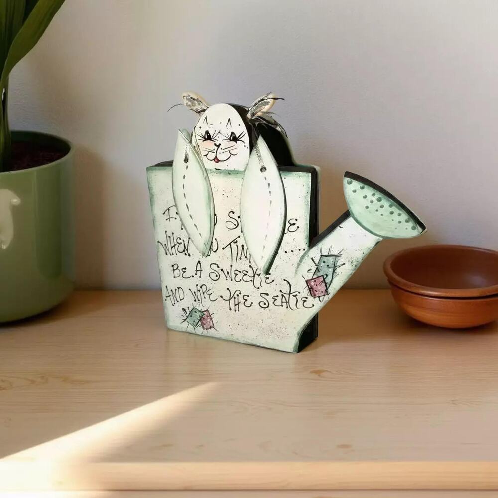 Vintage Bunny Watering Can Sign: Hand-Painted Wood, 1990s Folk Art